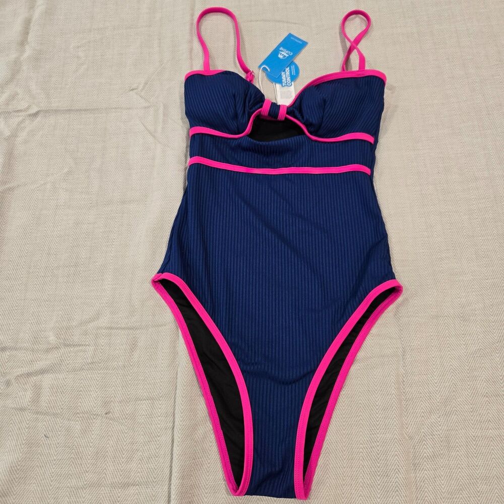 CUPSHE Womens XS Swimsuit Tummy Control Ribbed 1 piece NEW Pink Blue Cheeky Sexy